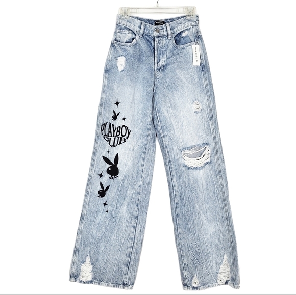 PLAYBOY By PacSun Eco Super Distressed High Waisted Baggy Jeans NWT - Picture 1 of 8
